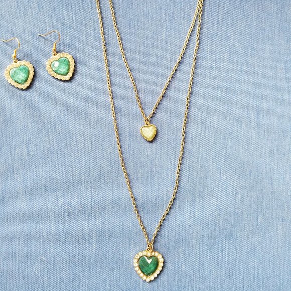 💚✨Betsey Johnson Green Hearts Double-Chain Necklace & Earrings - EPC✨💚 - Picture 15 of 16